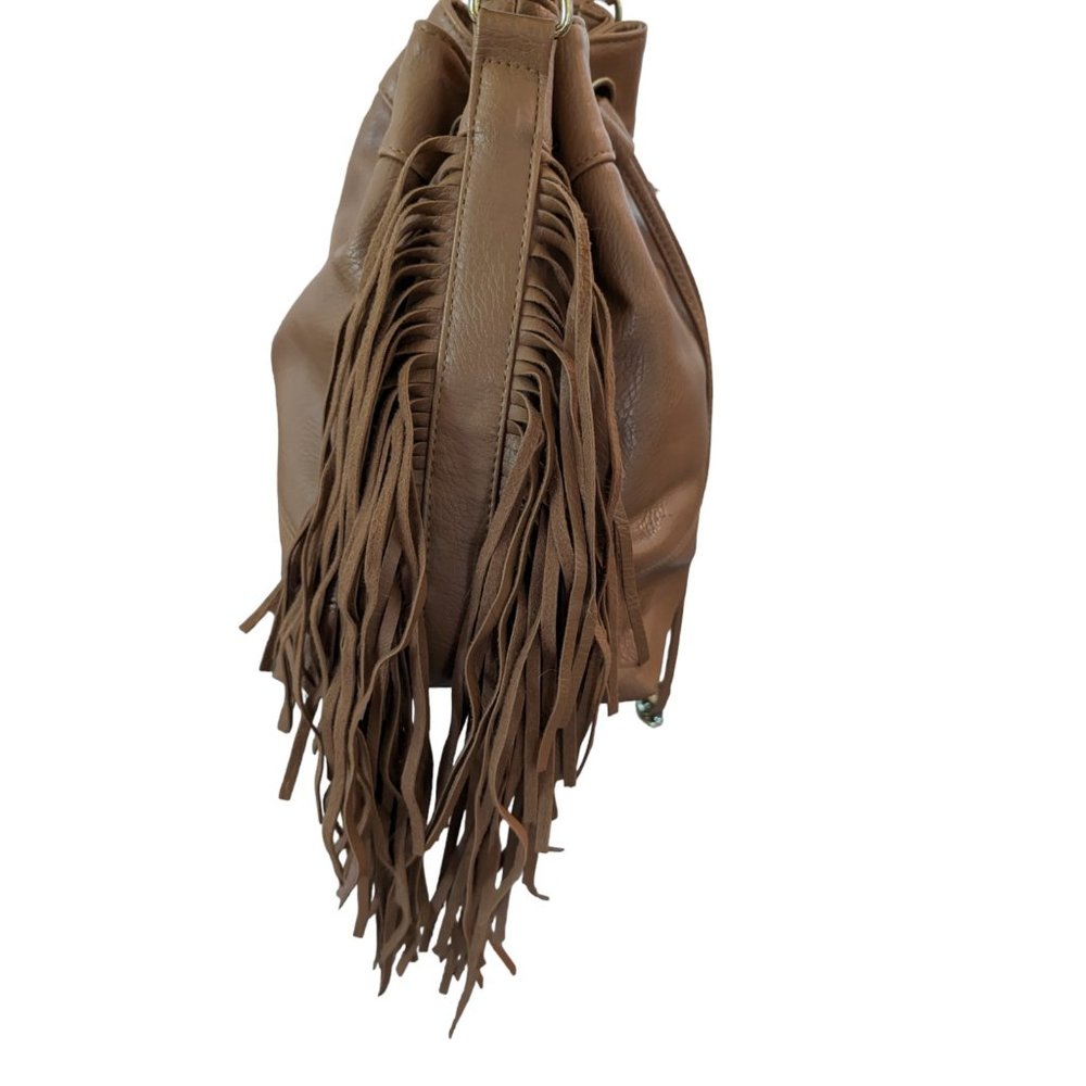Aeropostale Cognac Brown Faux Leather Bucket Crossbody Fringed Bag - Picture 6 of 12